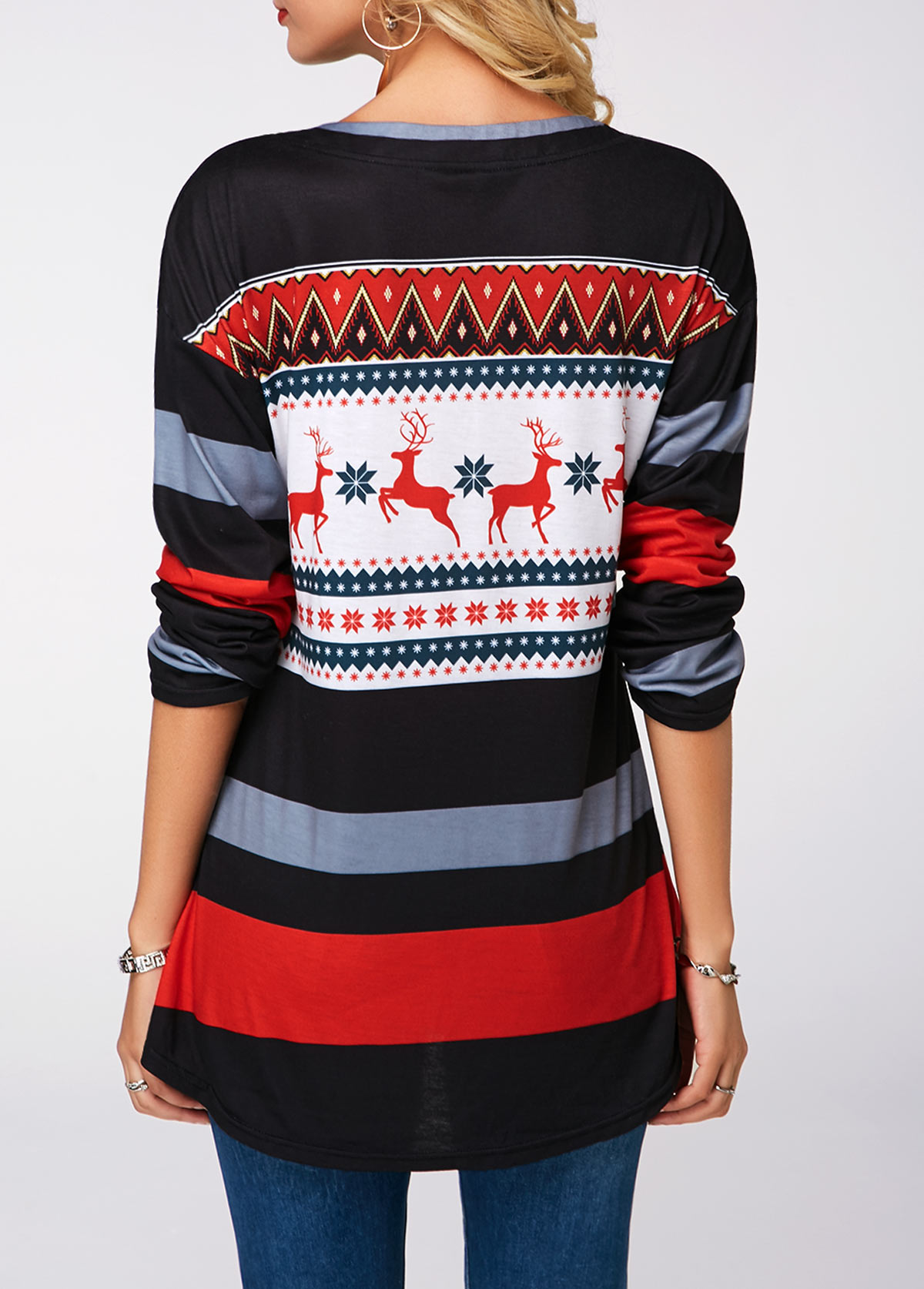 Multi Color tops,Floral tops,ROTITA Elk Print Curved Hem Lace Up Sweatshirt