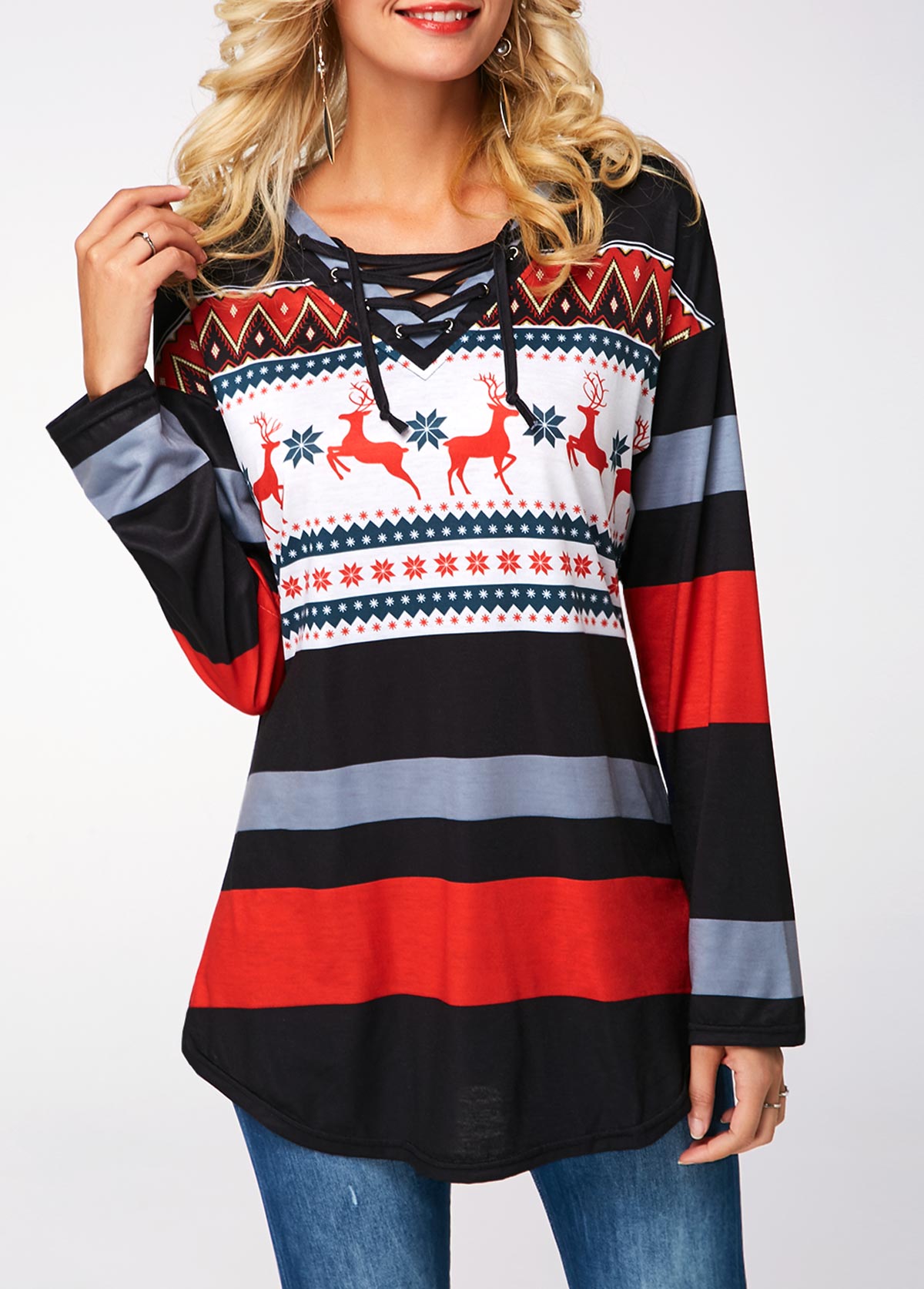 Multi Color tops,Floral tops,ROTITA Elk Print Curved Hem Lace Up Sweatshirt