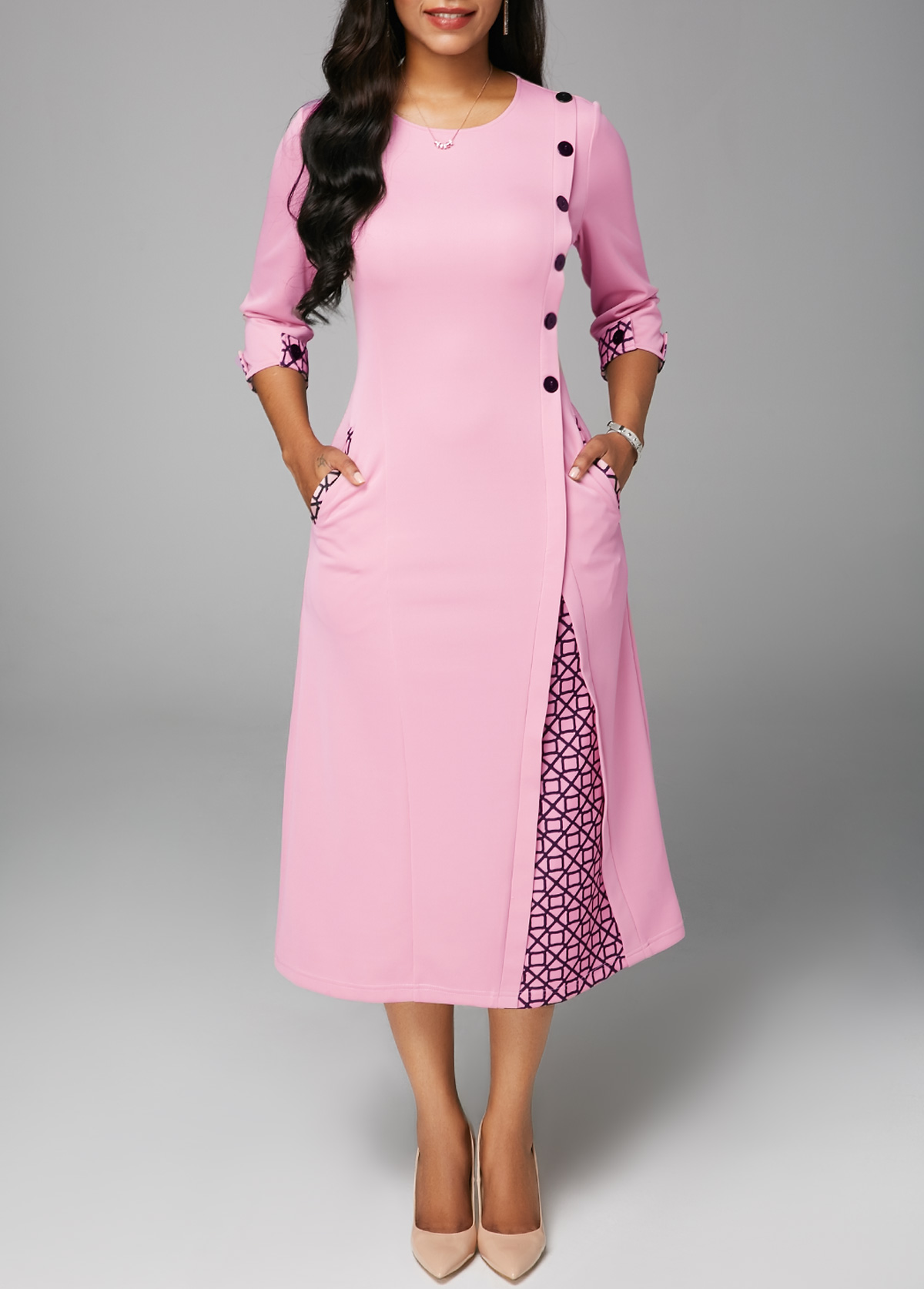 Button Embellished Round Neck Pocket Dress