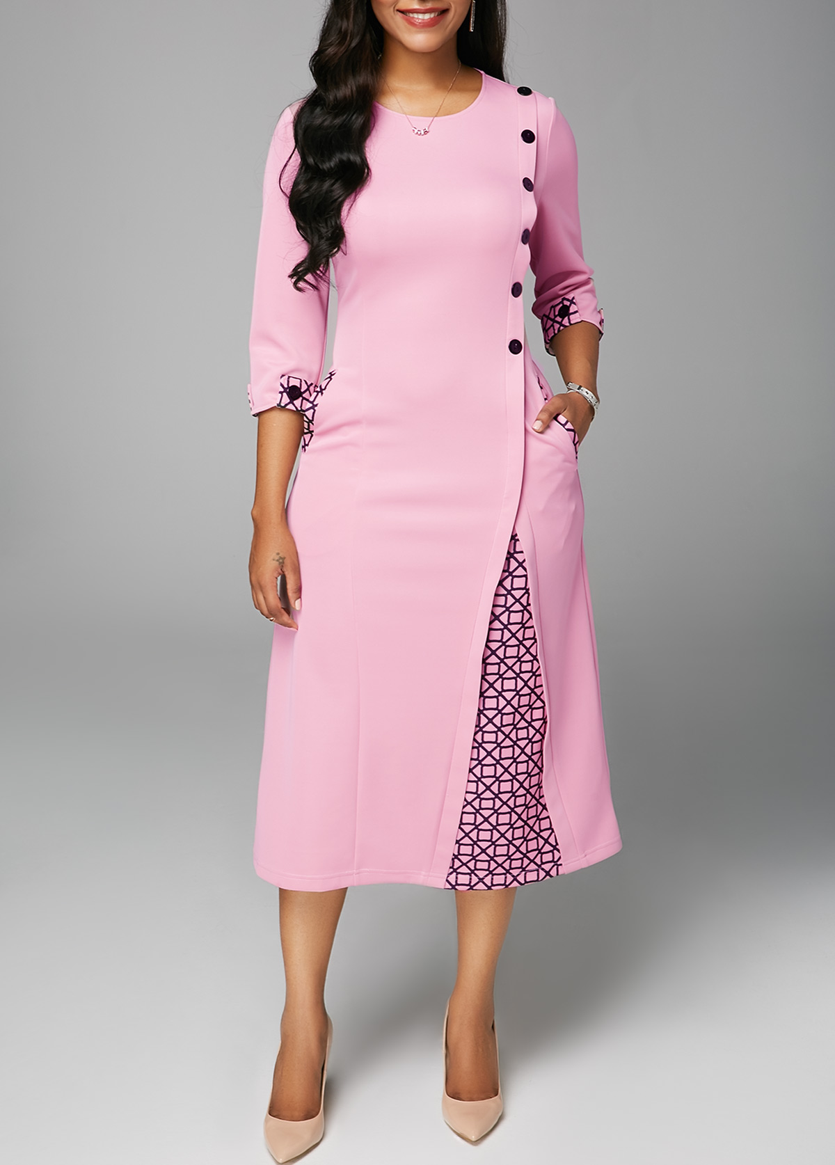 Button Embellished Round Neck Pocket Dress