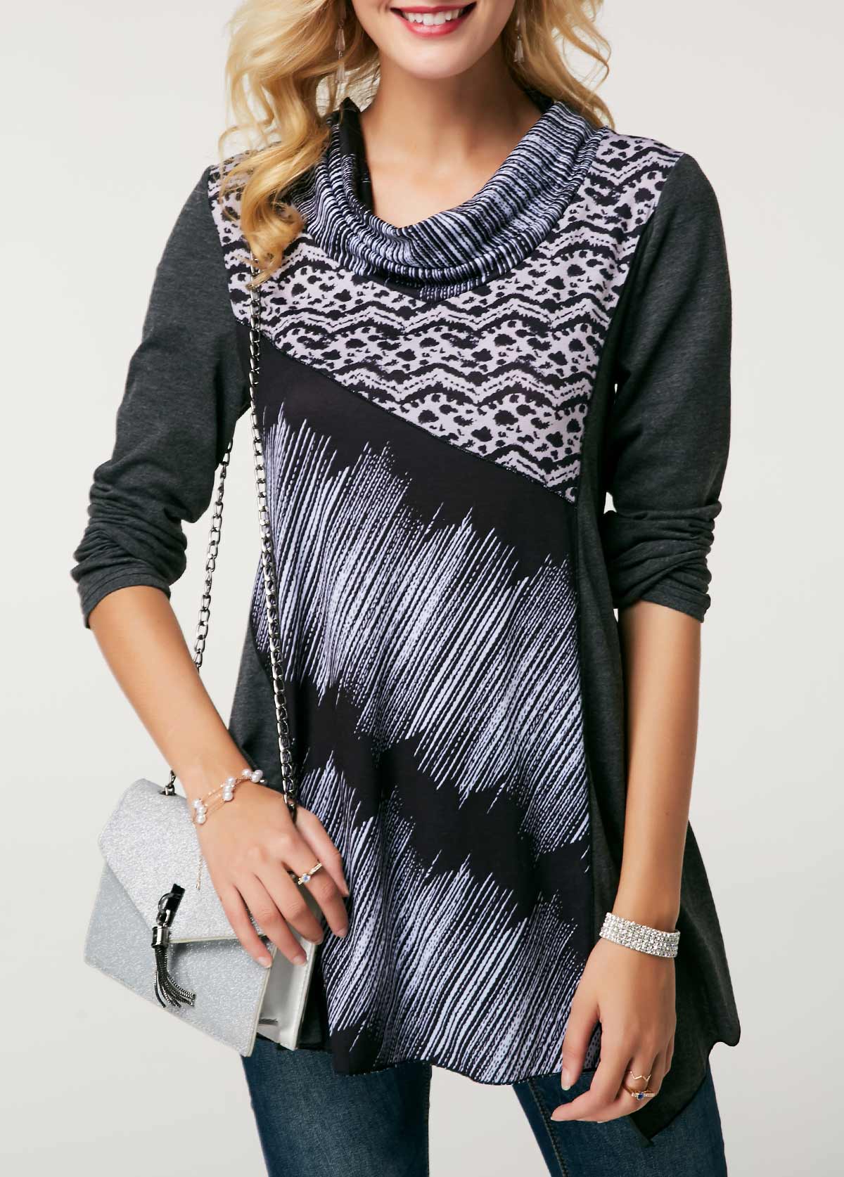 Cowl Neck Long Sleeve Printed Blouse