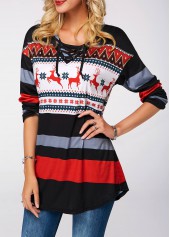 Multi Color tops,Floral tops,ROTITA Elk Print Curved Hem Lace Up Sweatshirt