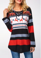 Multi Color tops,Floral tops,ROTITA Elk Print Curved Hem Lace Up Sweatshirt