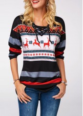 Multi Color tops,Floral tops,ROTITA Elk Print Curved Hem Lace Up Sweatshirt