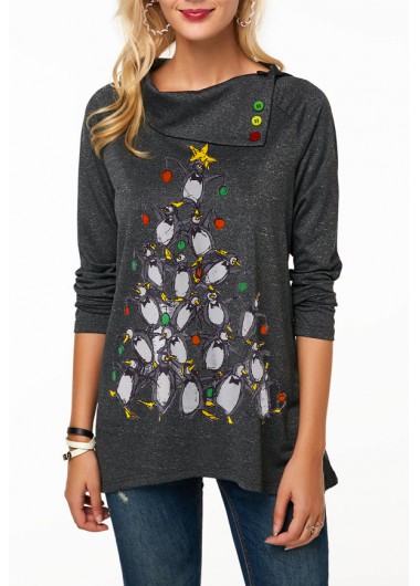 Christmas Print Cowl Neck Faux Two Piece T Shirt