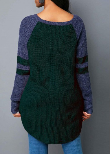 Blackish Green tops,Contrast Color tops,ROTITA Varsity Stripe Dark Green Curved Hem Sweater 