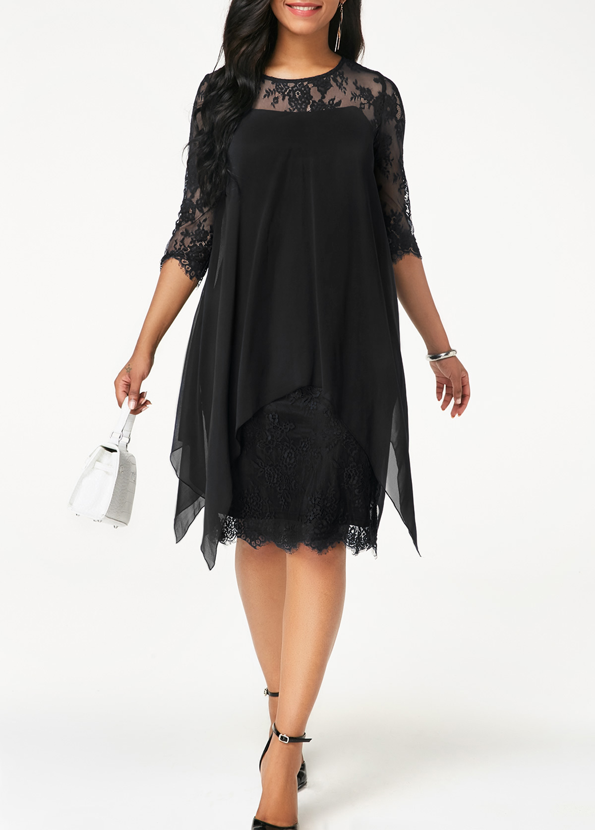 ROTITA Three Quarter Sleeve Chiffon Overlay Black Lace Dress