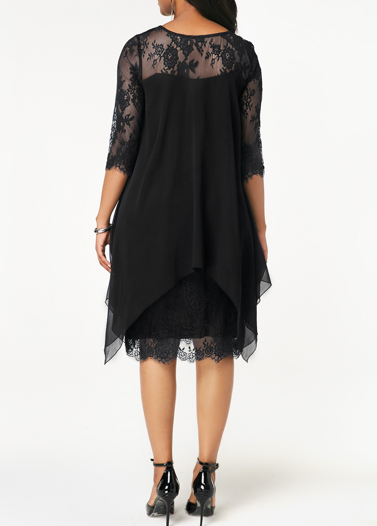 ROTITA Three Quarter Sleeve Chiffon Overlay Black Lace Dress | Rotita ...