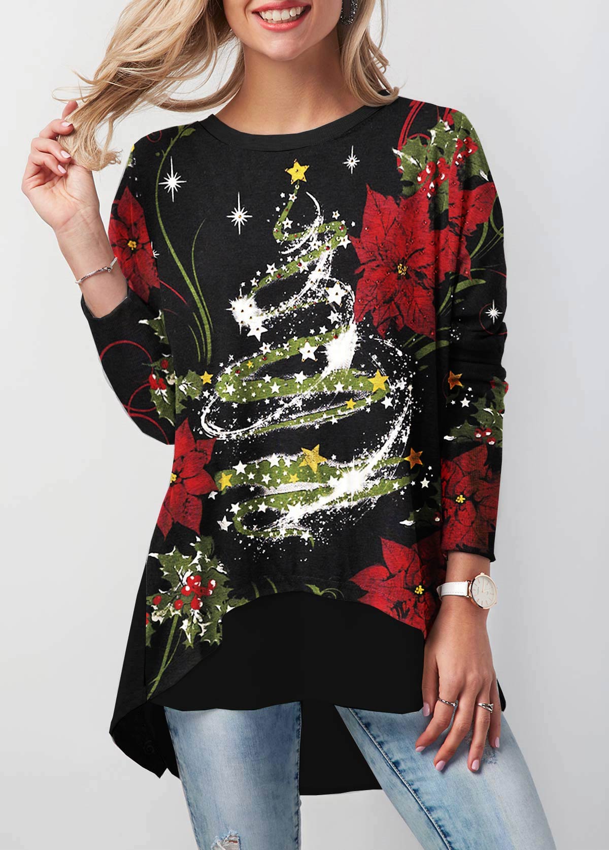 ROTITA Christmas Printed Long Sleeve Black Button Back T Shirt | Rotita ...