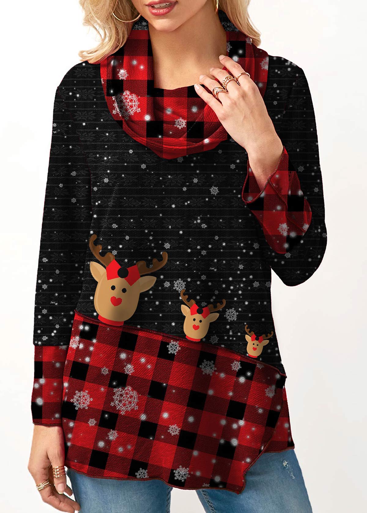 Plaid Print Cowl Neck Long Sleeve Christmas Sweatshirt