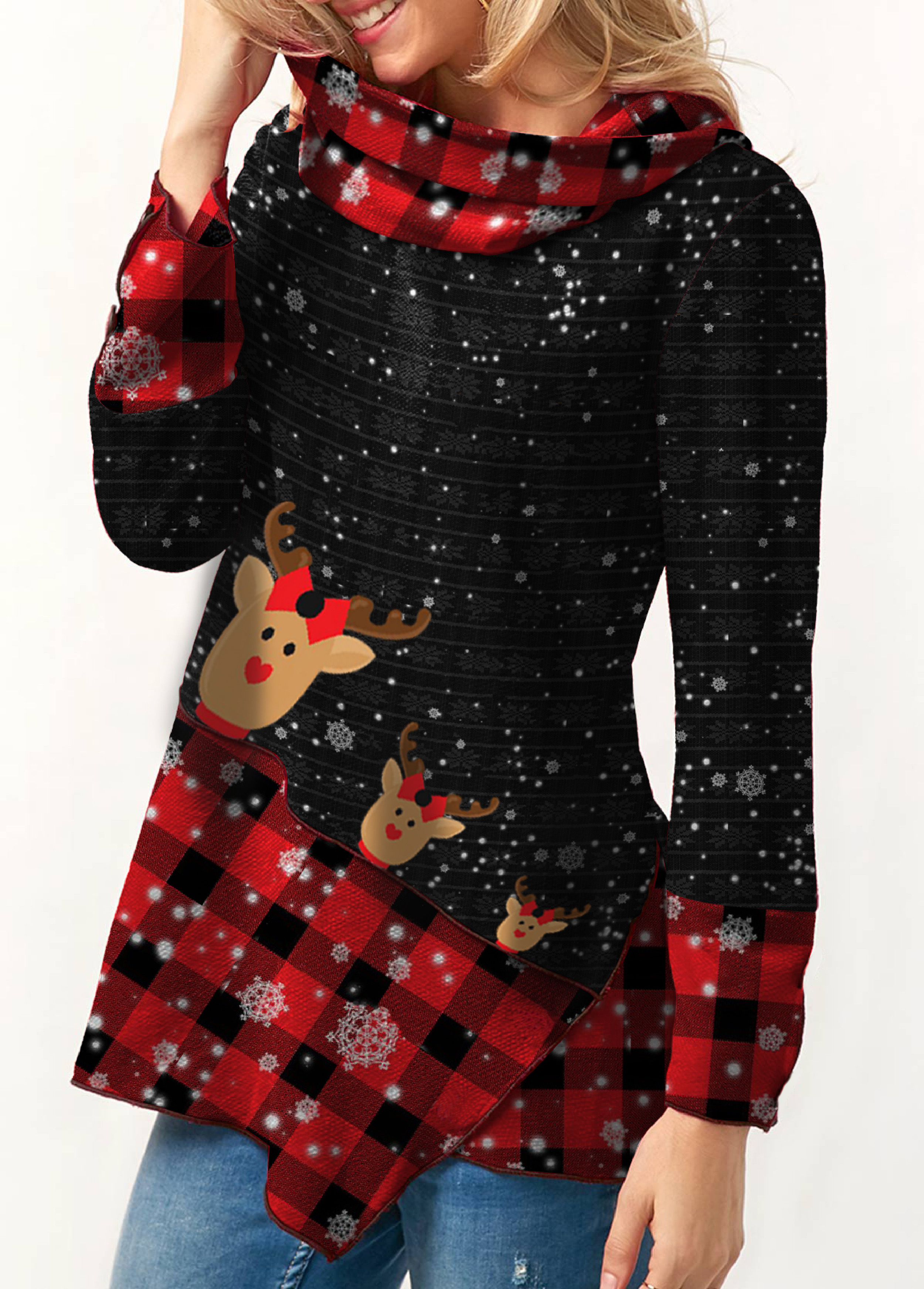 Black tops,Plaid tops,ROTITA Plaid Print Cowl Neck Long Sleeve Christmas Sweatshirt