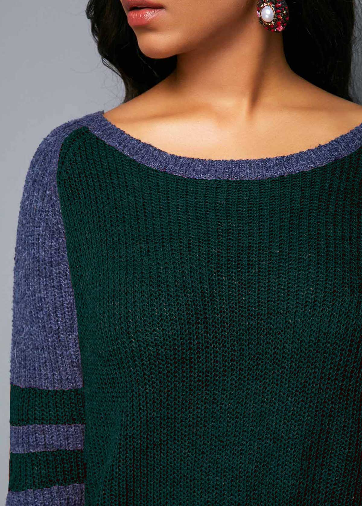 Blackish Green tops,Contrast Color tops,ROTITA Varsity Stripe Dark Green Curved Hem Sweater 