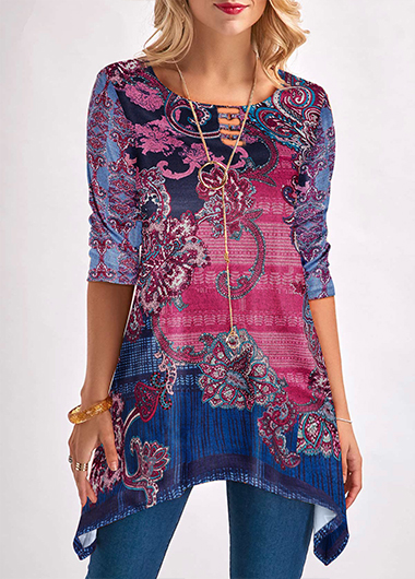 Asymmetric Hem Printed Three Quarter Sleeve Blouse