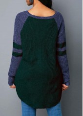Blackish Green tops,Contrast Color tops,ROTITA Varsity Stripe Dark Green Curved Hem Sweater 