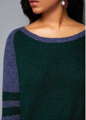 Blackish Green tops,Contrast Color tops,ROTITA Varsity Stripe Dark Green Curved Hem Sweater 