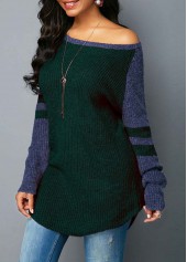 Blackish Green tops,Contrast Color tops,ROTITA Varsity Stripe Dark Green Curved Hem Sweater 