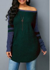 Blackish Green tops,Contrast Color tops,ROTITA Varsity Stripe Dark Green Curved Hem Sweater 