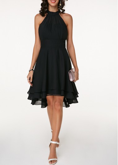 Cutout Back Black Layered Sleeveless Chiffon Dress