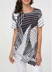 Short Sleeve Asymmetric Hem Geometric Print T Shirt