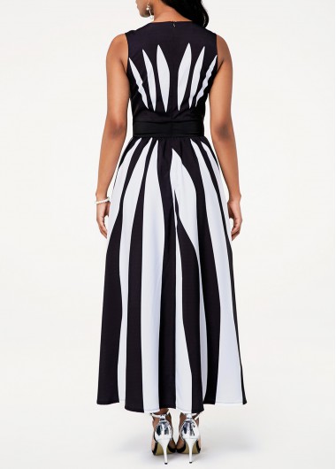 White dresses,Striped dresses,ROTITA Color Block Round Neck Stripe Print Pocket Dress