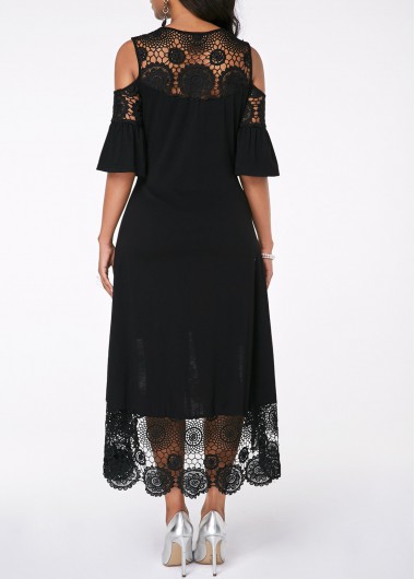 Black dresses,Plain Color dresses,Party dresses,Elegant dresses,ROTITA Flare Cuff Cold Shoulder Lace Panel Crochet Detail Dress