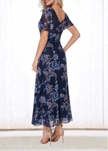 Navy dresses,Floral dresses,ROTITA V Back Round Neck Flower Print Dress