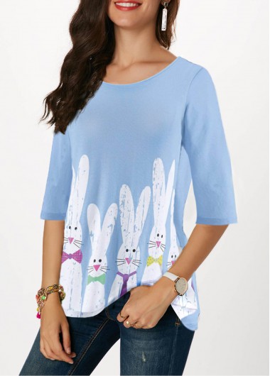 Animal Print tops,ROTITA Rabbit Print Light Blue Easter T Shirt