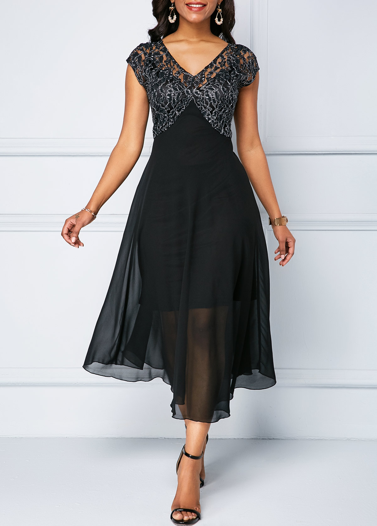 Black dresses,Plain Color dresses,ROTITA V Neck Lace Patchwork Chiffon Dress