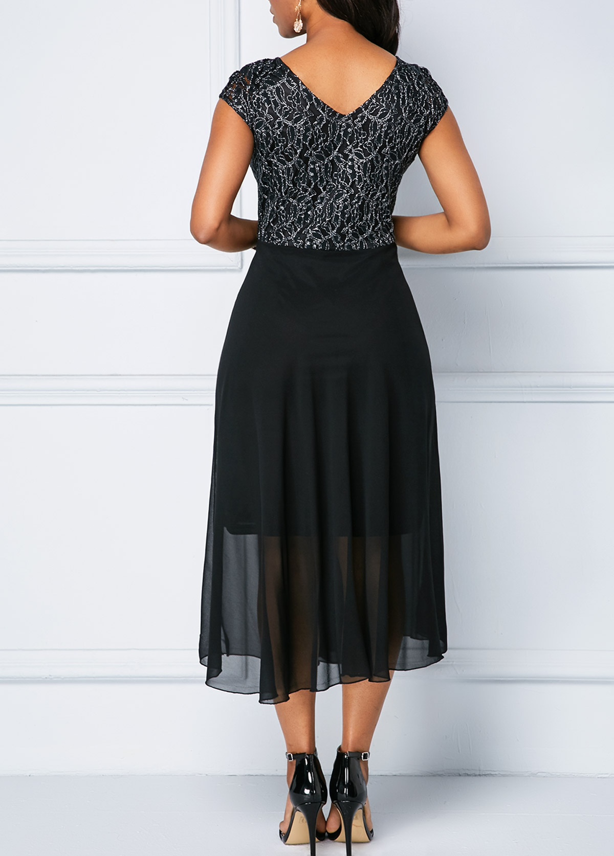 Black dresses,Plain Color dresses,ROTITA V Neck Lace Patchwork Chiffon Dress