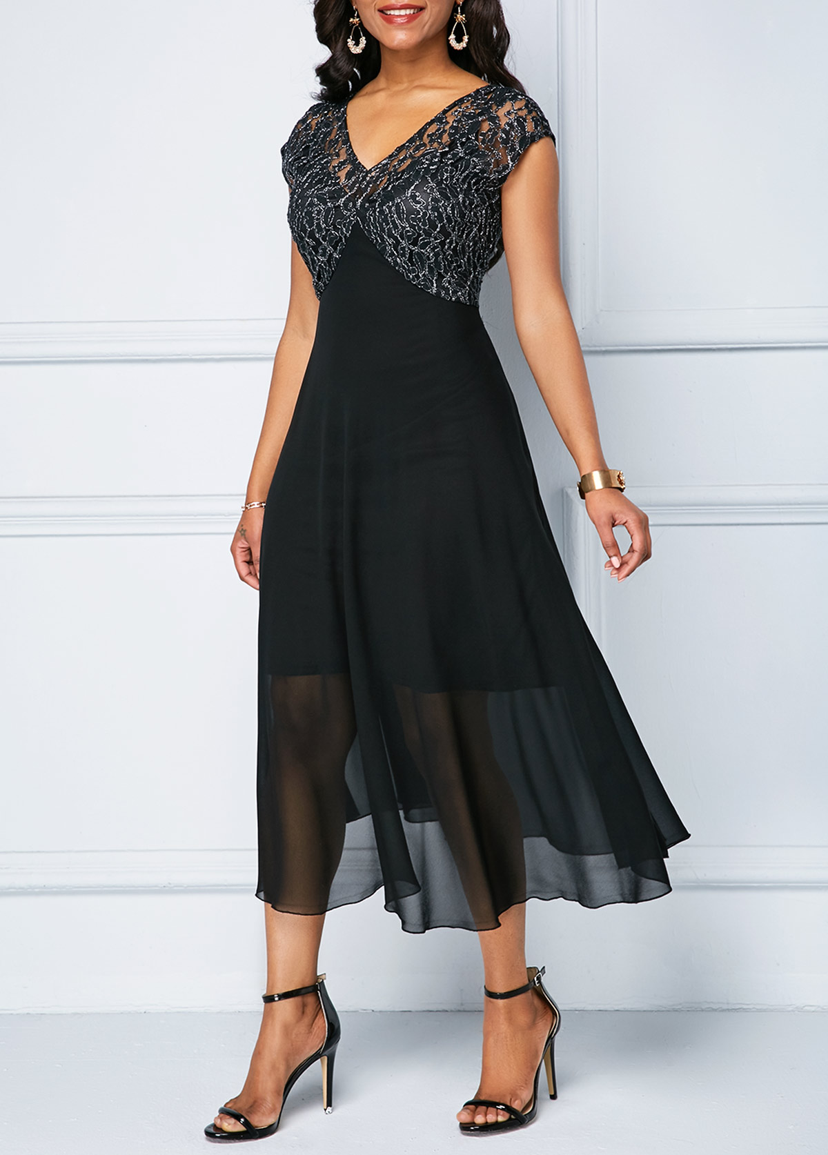 Black dresses,Plain Color dresses,ROTITA V Neck Lace Patchwork Chiffon Dress