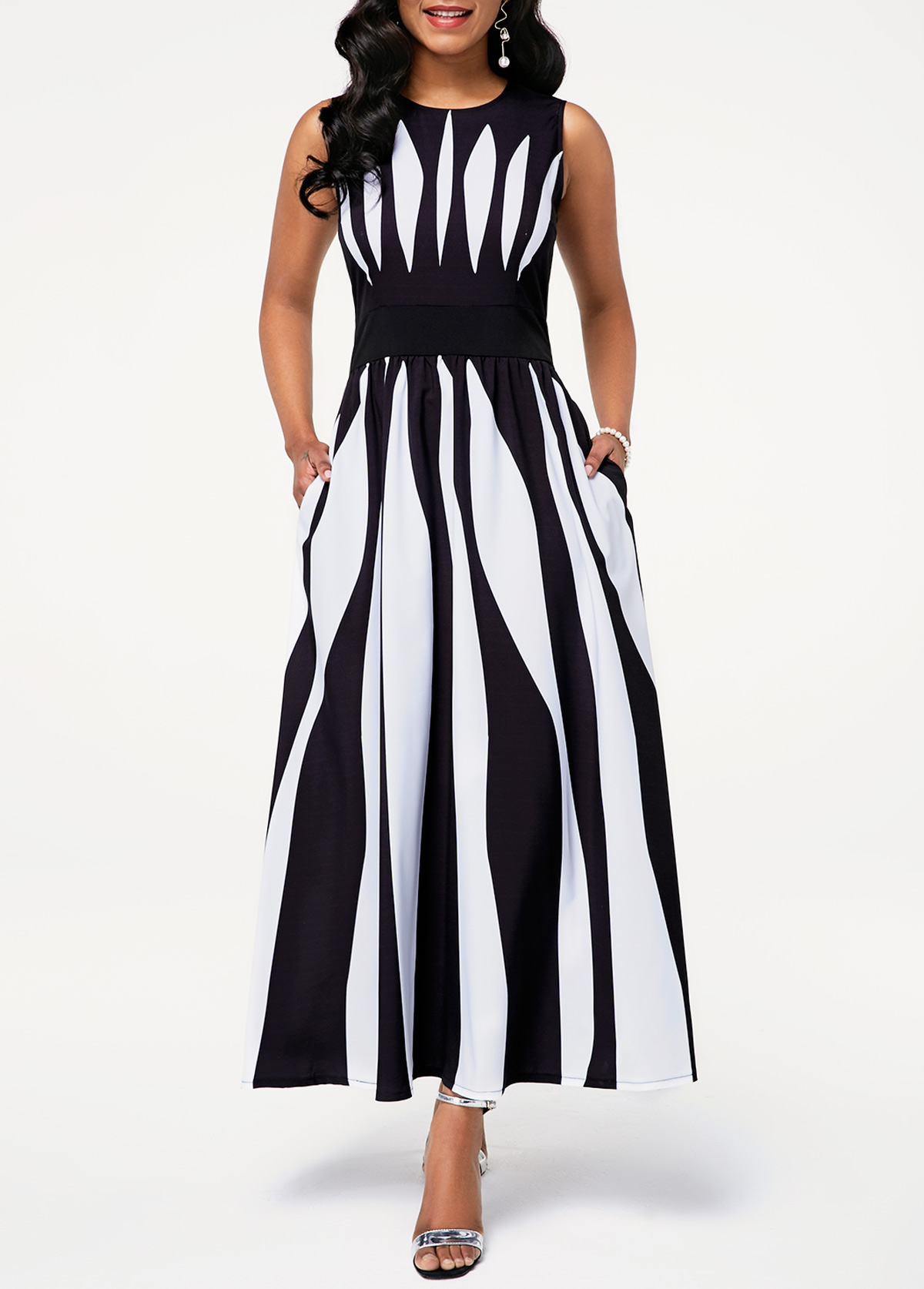 ROTITA Color Block Round Neck Stripe Print Pocket Dress