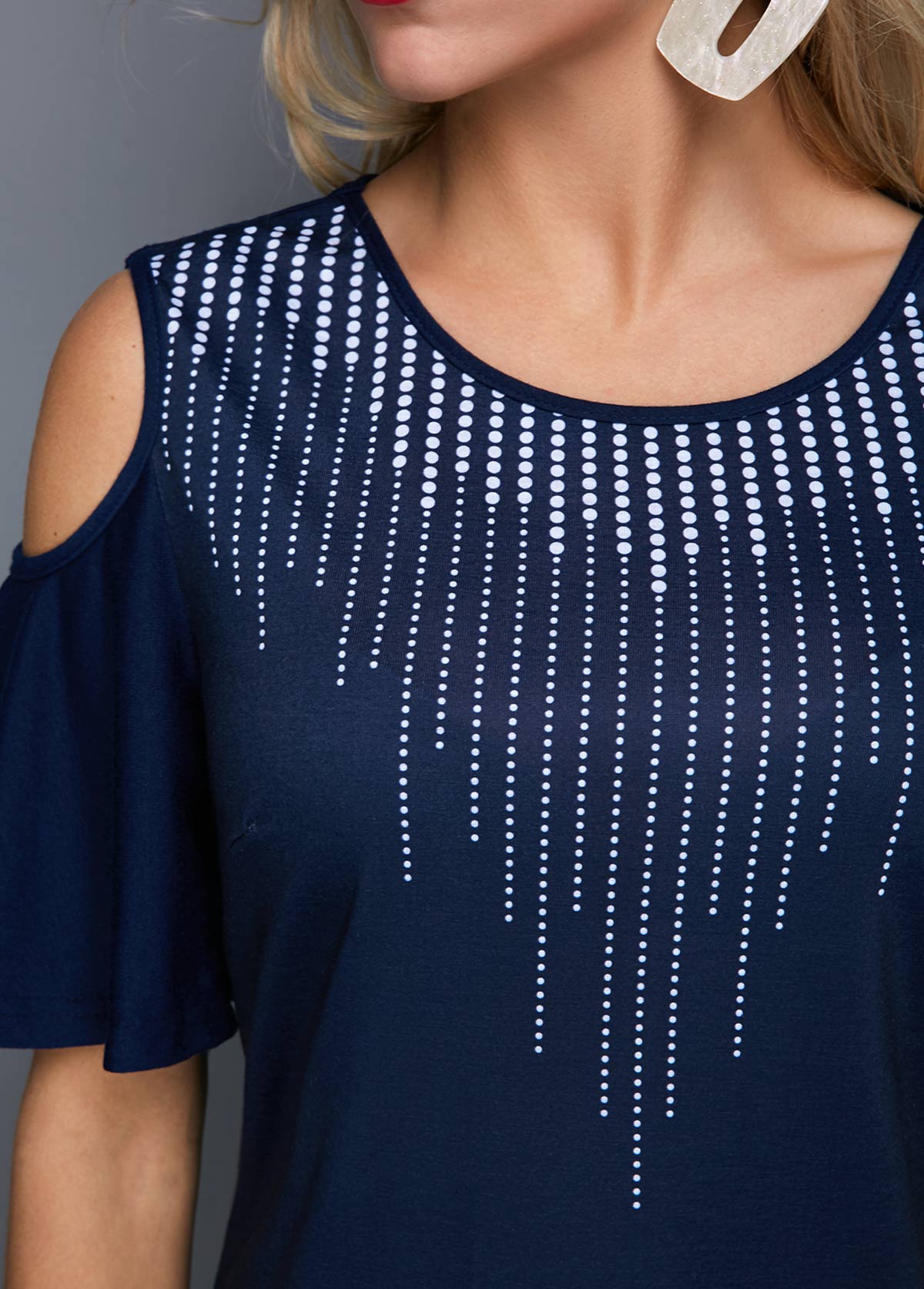 Dot tops,ROTITA Round Neck Cold Shoulder Navy Blue T Shirt