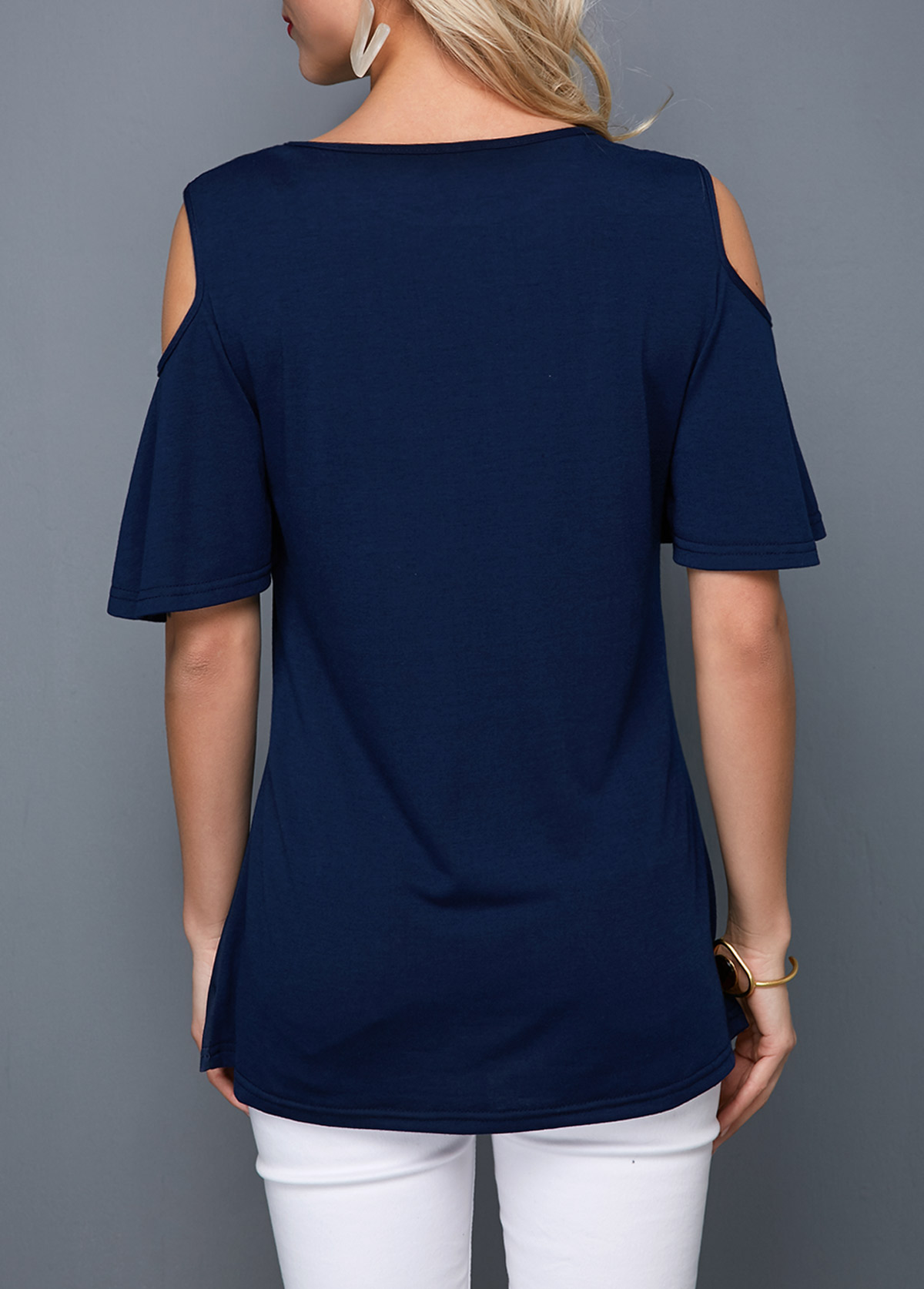 Dot tops,ROTITA Round Neck Cold Shoulder Navy Blue T Shirt