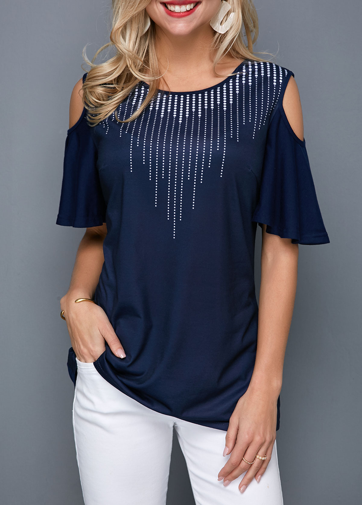 Dot tops,ROTITA Round Neck Cold Shoulder Navy Blue T Shirt