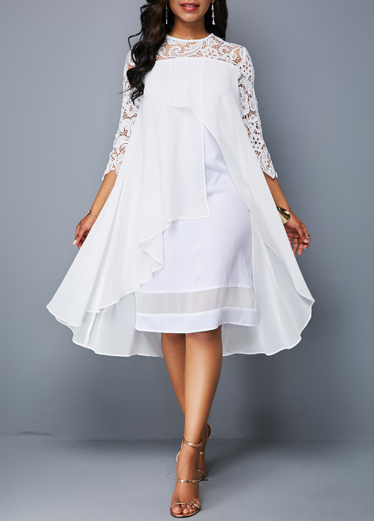 ROTITA Asymmetric Hem Lace Patchwork White Dress   Rotita.com ...