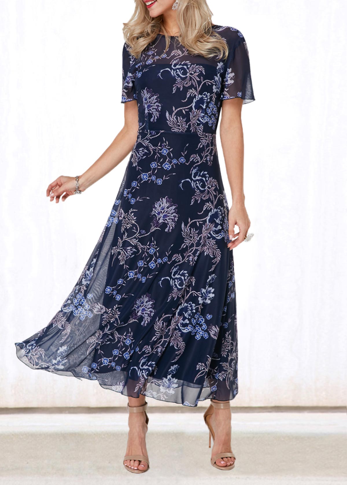 ROTITA V Back Round Neck Flower Print Dress