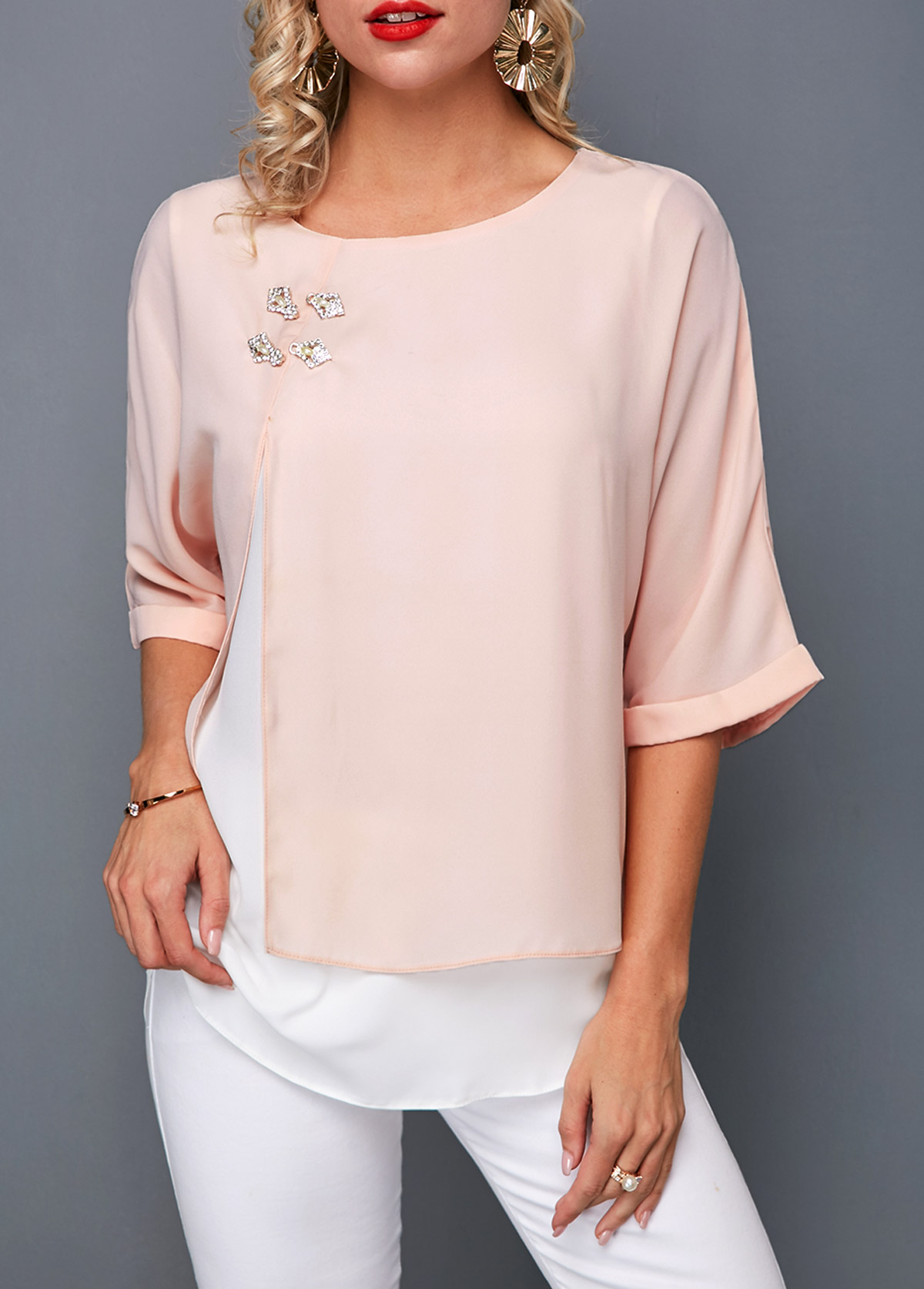 Pink tops,Contrast Color tops,ROTITA Round Neck Layered Light Pink T Shirt