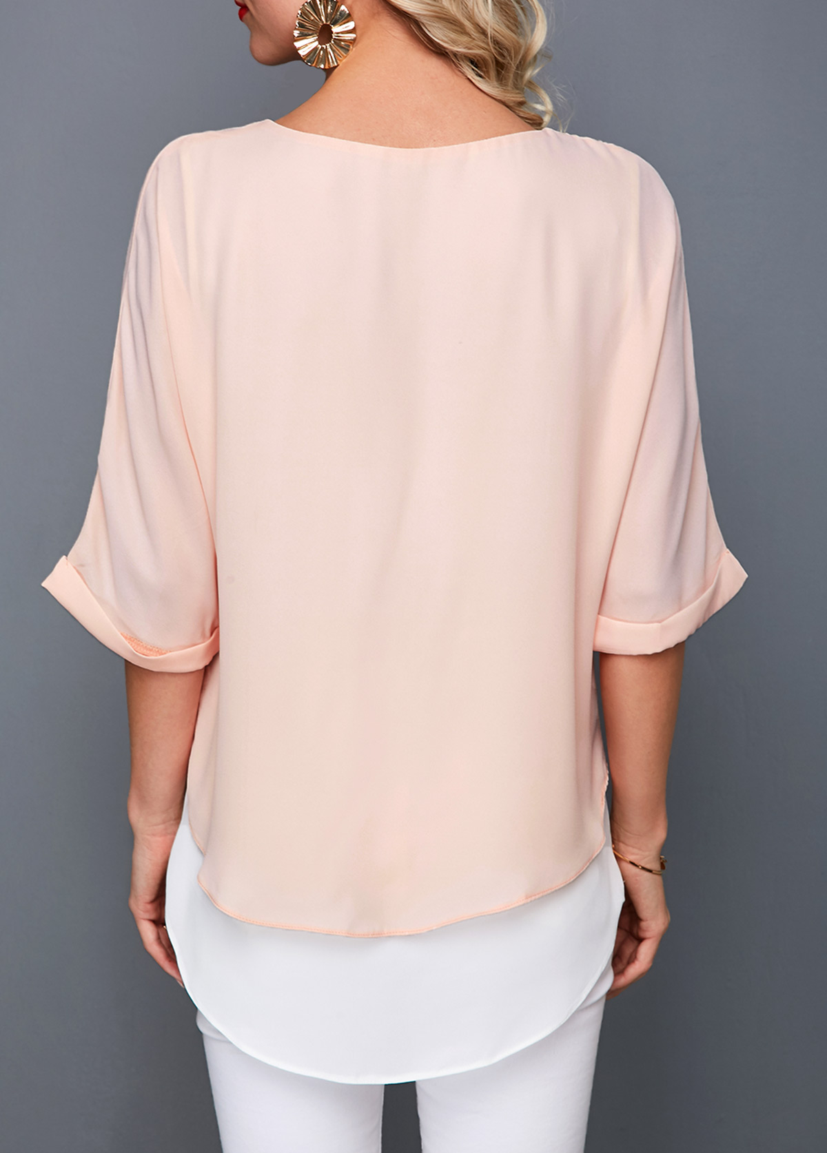 Pink tops,Contrast Color tops,ROTITA Round Neck Layered Light Pink T Shirt