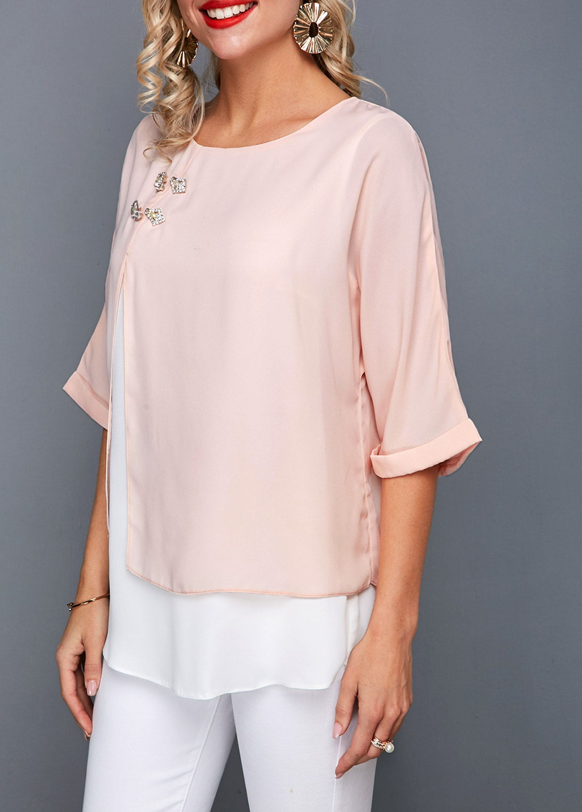 Pink tops,Contrast Color tops,ROTITA Round Neck Layered Light Pink T Shirt