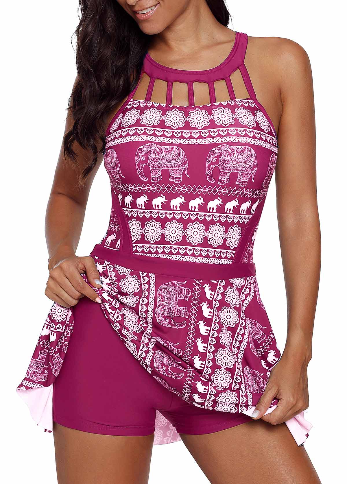 Elephant Print Cutout Front Swimdress and Shorts Elephant Print Cutout Front Swimdress and Shorts