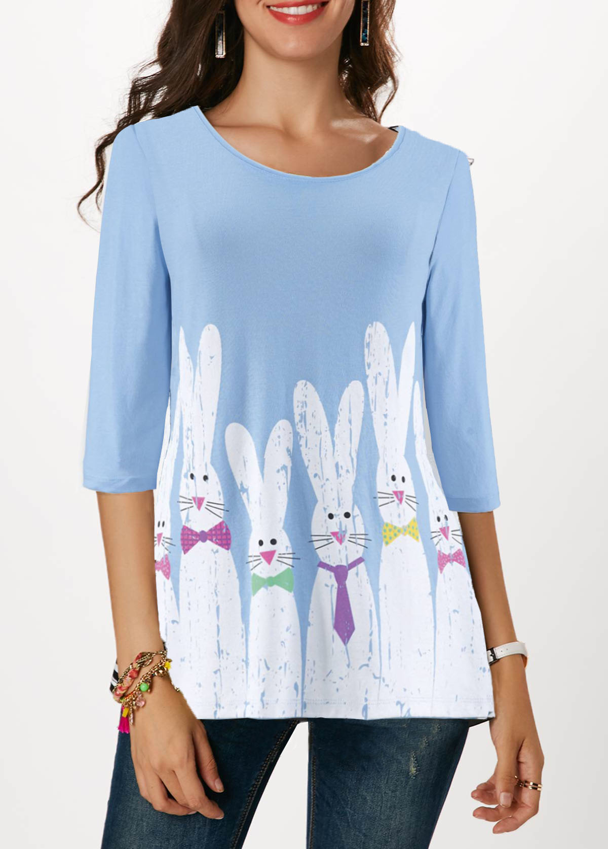 Animal Print tops,ROTITA Rabbit Print Light Blue Easter T Shirt