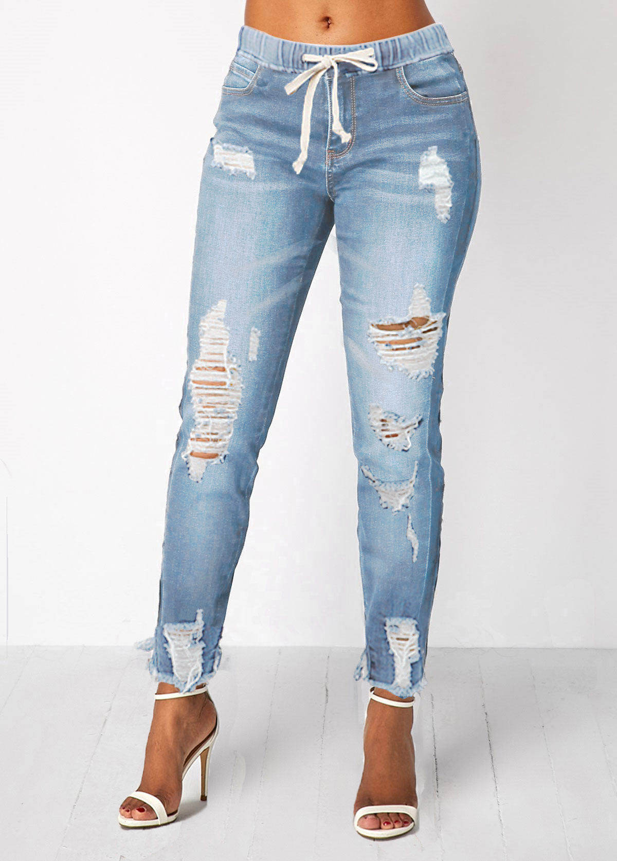 Plain Color bottoms,ROTITA Shredded Elastic Waist Pocket Light Blue Jeans