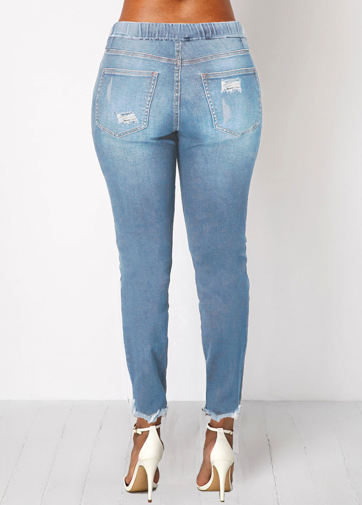 ROTITA Shredded Elastic Waist Pocket Light Blue Jeans USD 33.98