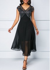ROTITA V Neck Lace Patchwork Chiffon Dress