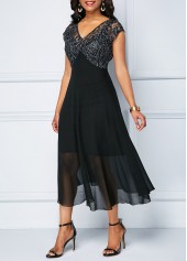 Black dresses,Plain Color dresses,ROTITA V Neck Lace Patchwork Chiffon Dress