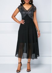 Black dresses,Plain Color dresses,ROTITA V Neck Lace Patchwork Chiffon Dress