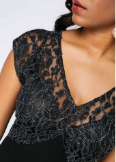 Black dresses,Plain Color dresses,ROTITA V Neck Lace Patchwork Chiffon Dress