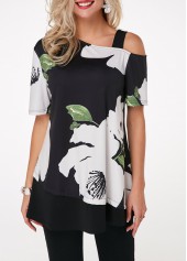 Flower Print Cold Shoulder Short Sleeve T Shirt