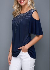 Dot tops,ROTITA Round Neck Cold Shoulder Navy Blue T Shirt