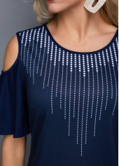 Dot tops,ROTITA Round Neck Cold Shoulder Navy Blue T Shirt
